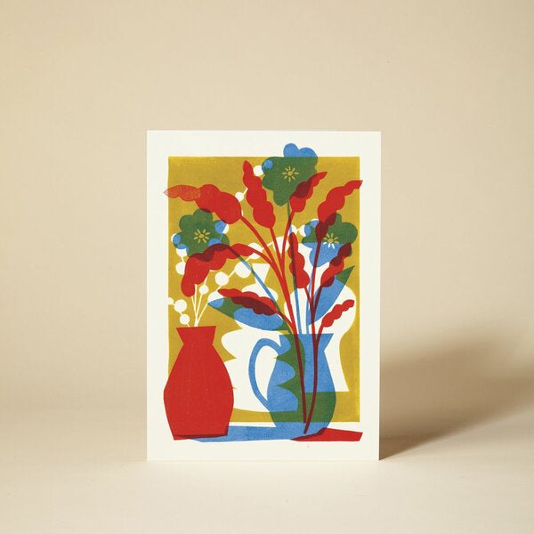 Flora 1 Flowers In Vases Linocut Card