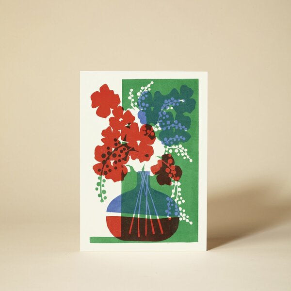 Flora 2 Flowers In Vase Green Linocut Card