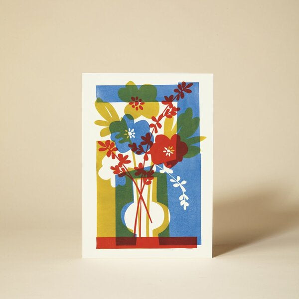 Flora 3 Flowers In Vase Yellow Linocut Card
