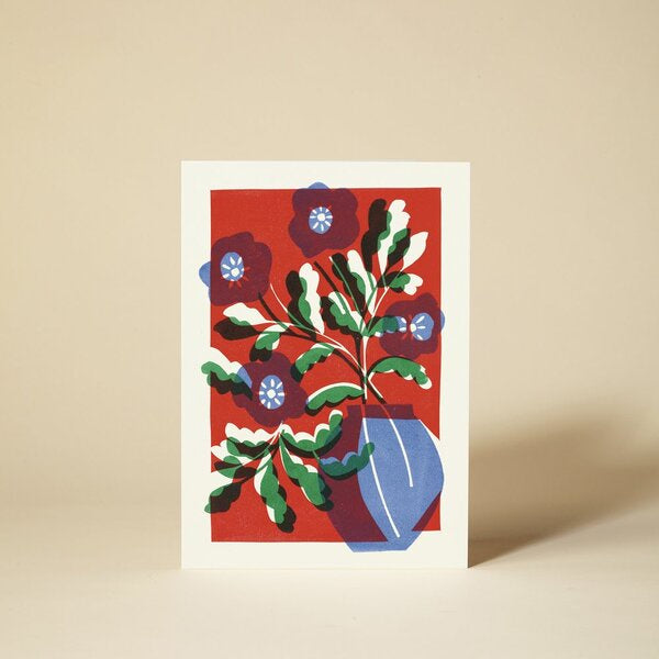 Flora 4 Poppies In Vase Linocut Card