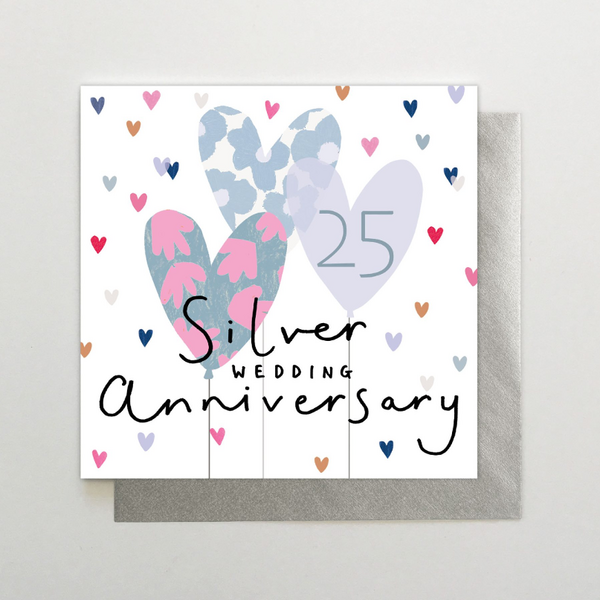 Silver Wedding Anniversary Heart Balloons Card