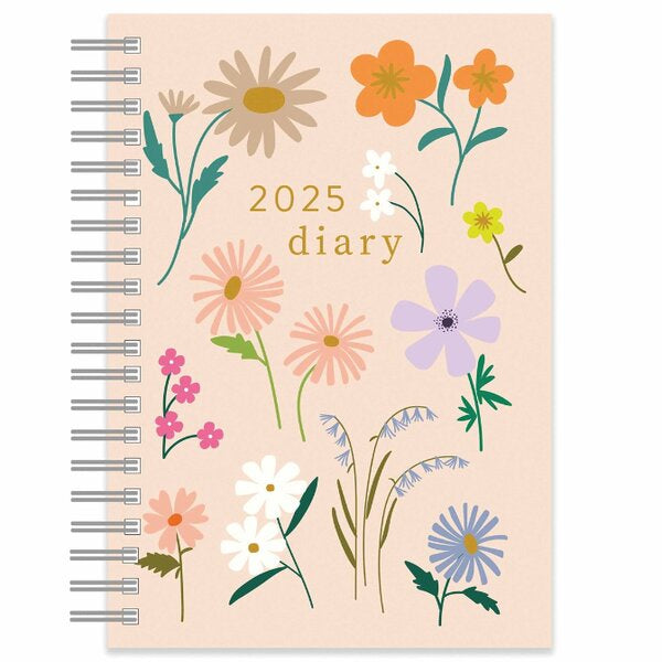 2025 A5 Day-to-a-Page Diary/Planner – Floral Print Softcover PU, Gold Embossed