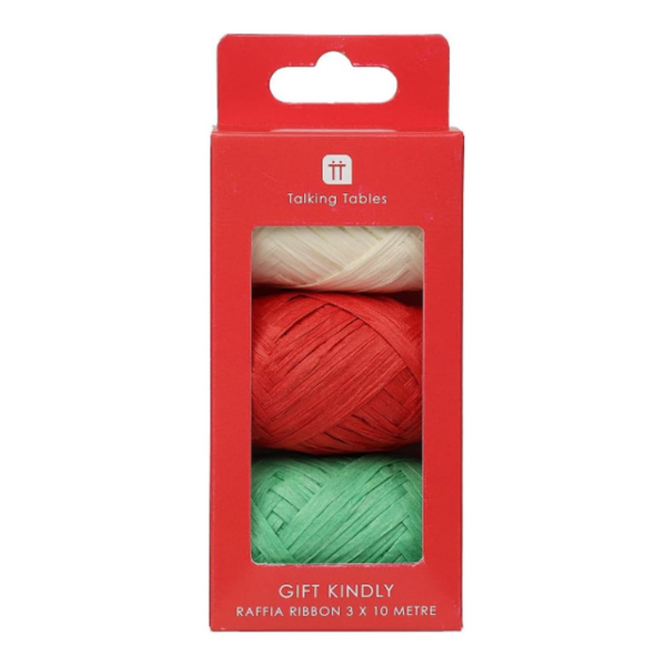 Raffia Ribbon Pack of Three Green Red and White