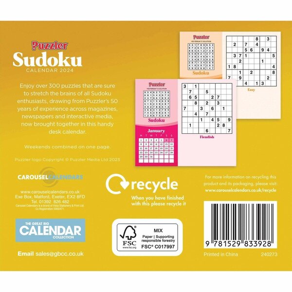 Sudoku Desk Calendar 2024 Paper Tiger