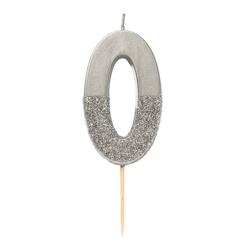 Glitter Birthday Candle Silver Number 0