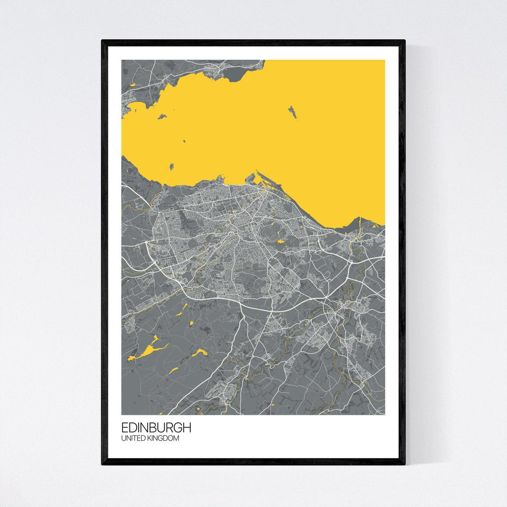 Edinburgh A3 Dark Grey, Yellow and Off White Map Print in Tube