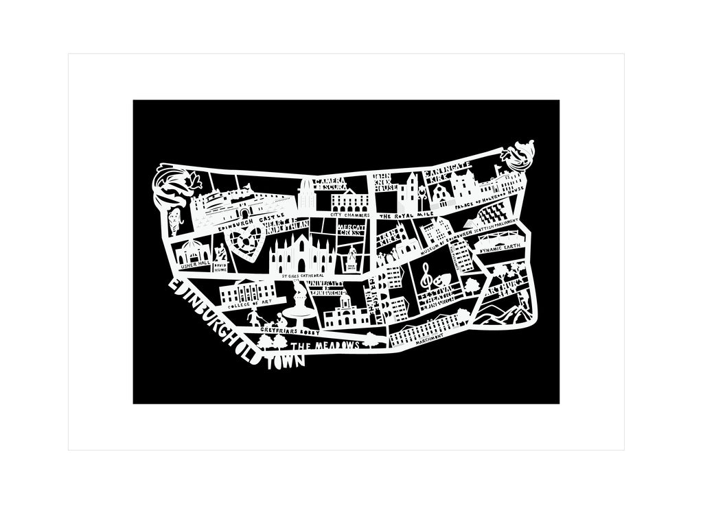 Lasercut A4 Edinburgh Old Town Map - White on Black