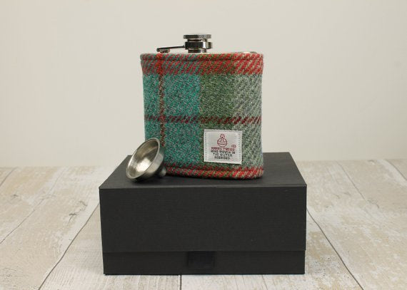 Green & Orange Check Boxed Hip Flask