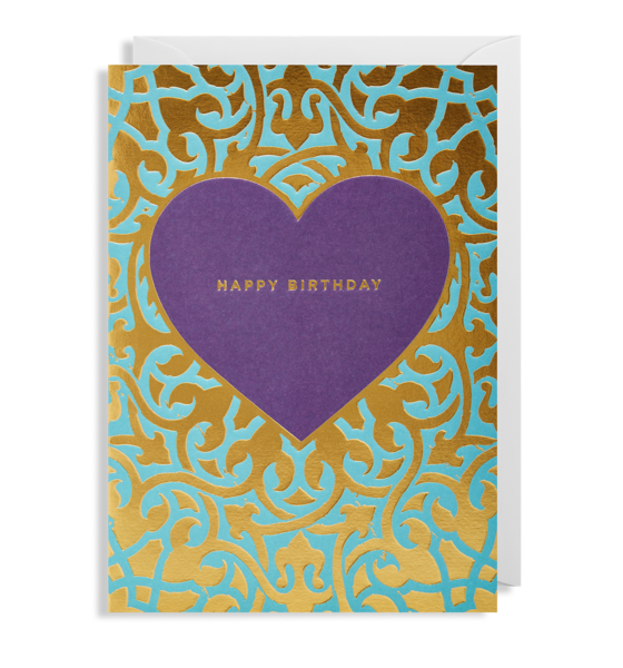 Happy Birthday Purple Heart Gold Embossed Card