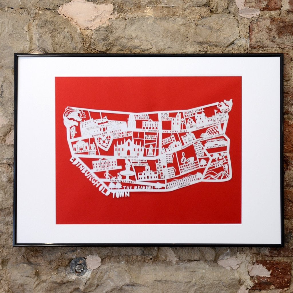 Lasercut A4 Edinburgh Old Town Map - White on Red