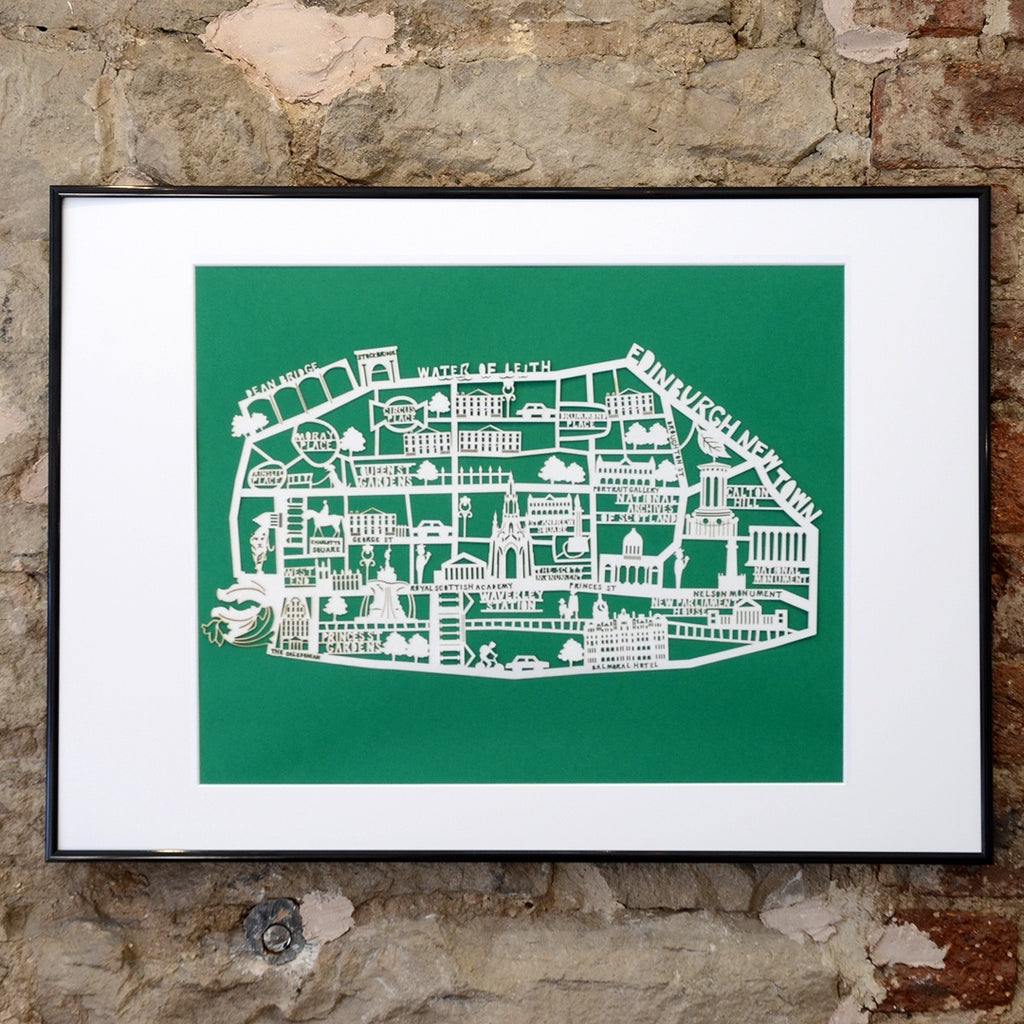 Lasercut A2 Edinburgh New Town Map - White on Green