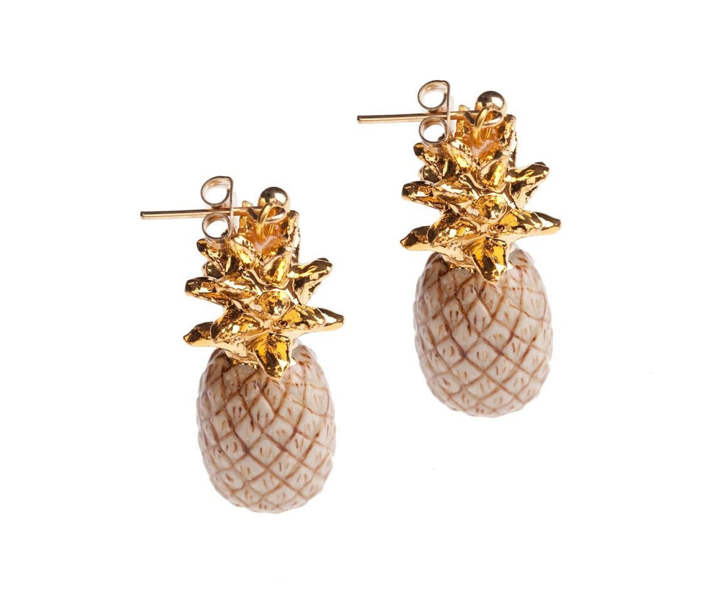 Hand Painted Drop Beige and Gold Pineapple Earrings