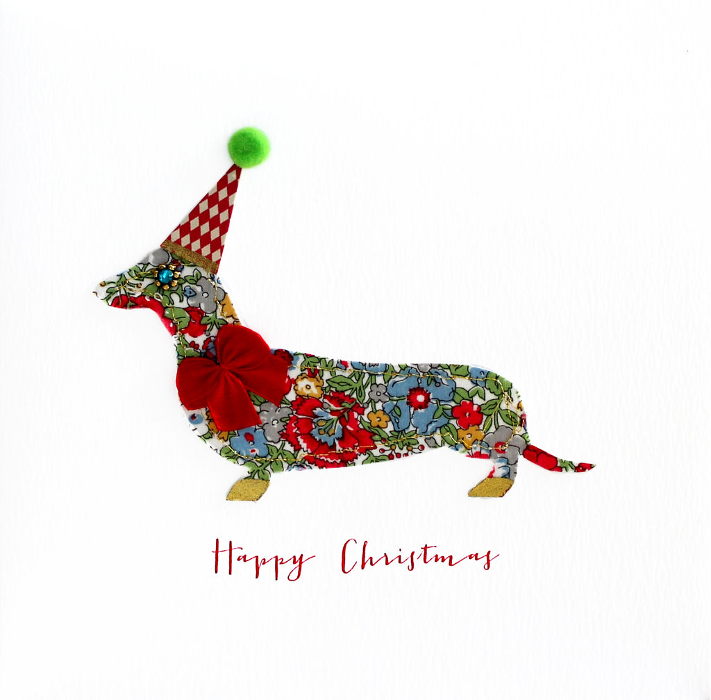 Fabric Dachshund Happy Christmas Card