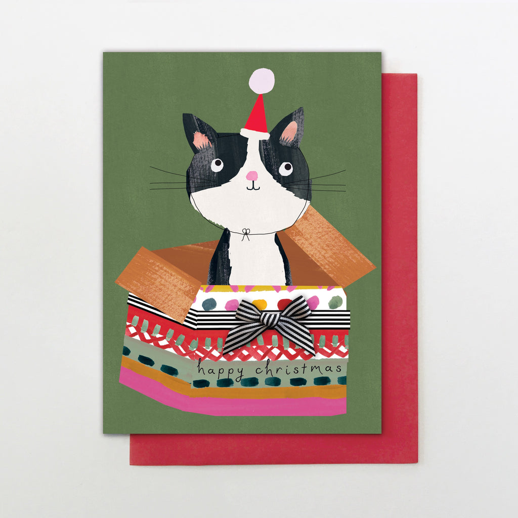 Happy Christmas Cat In A Gift Box Card