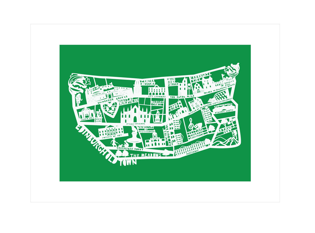Lasercut A4 Edinburgh Old Town Map - White on Green