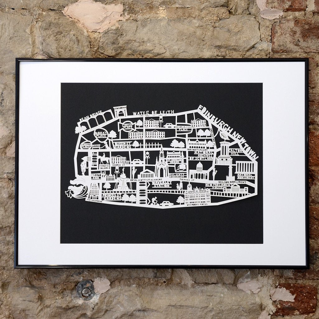 Lasercut A4 Edinburgh New Town Map - White on Black