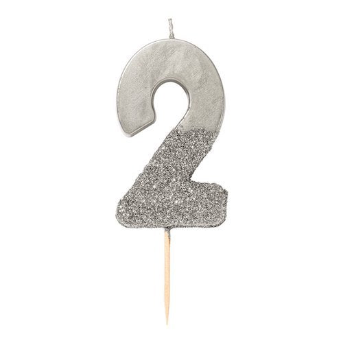 Glitter birthday Candle Silver Number 2