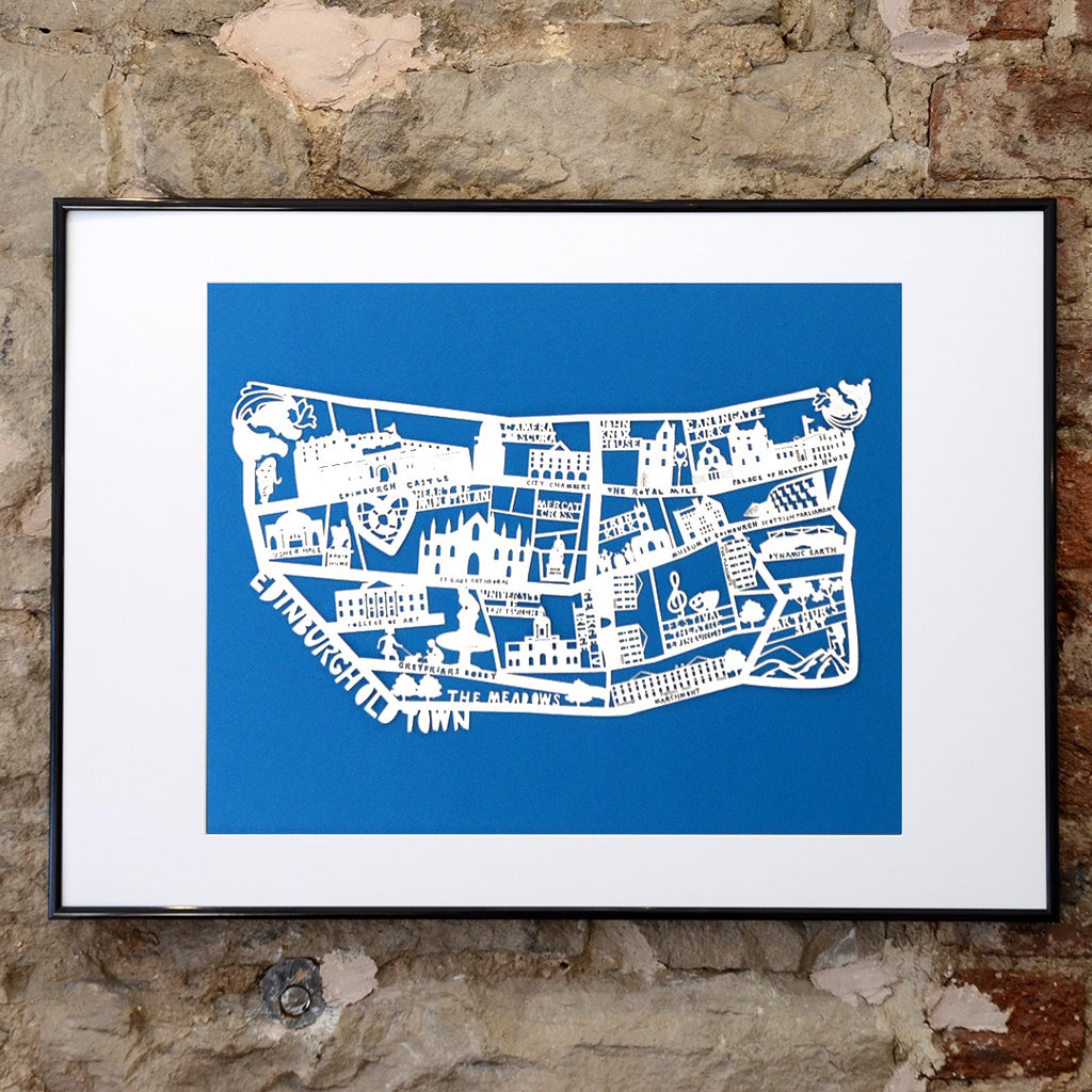 Lasercut A2 Edinburgh Old Town Map - White on Blue