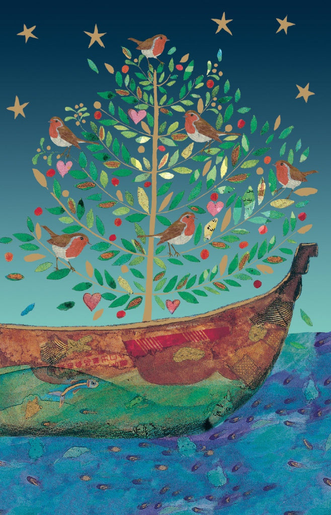 Robin Tree On Boat Christmas Card Pack of 8