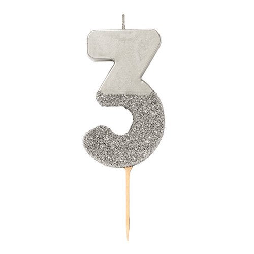 Glitter Birthday Candle Silver Number 3