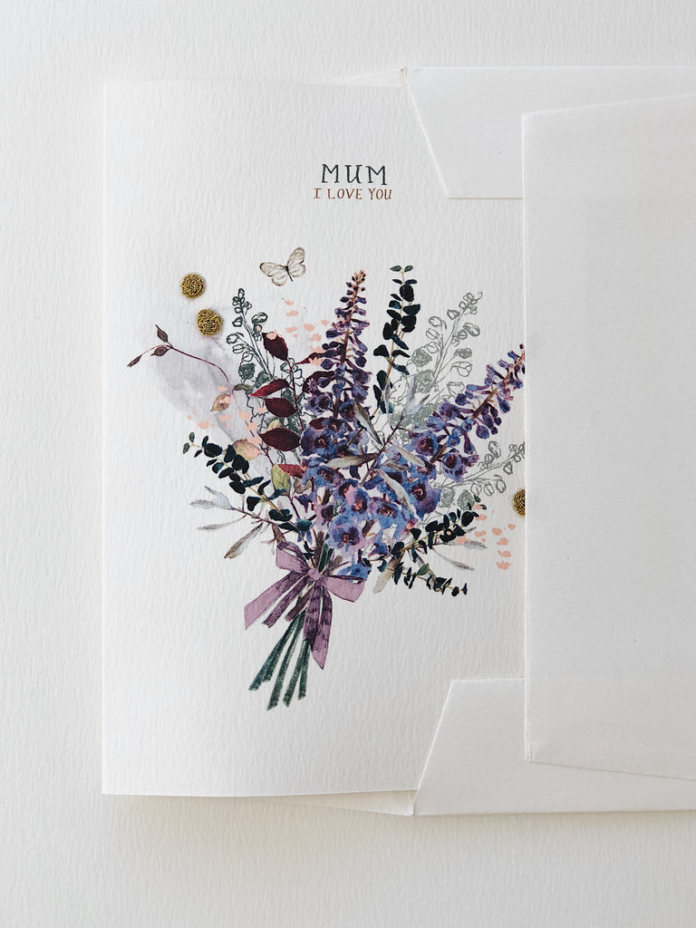 Hand Embroidered Delphinium Bouquet Mum I Love You Card