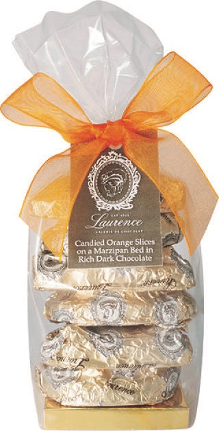Candied Orange Slices on Marzipan Coated in Dark Chocolate