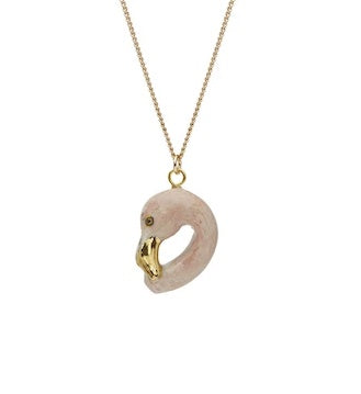 Gold Plated Necklace with Hand Painted Porcelain Pastel and Gold Flamingo Head Charm