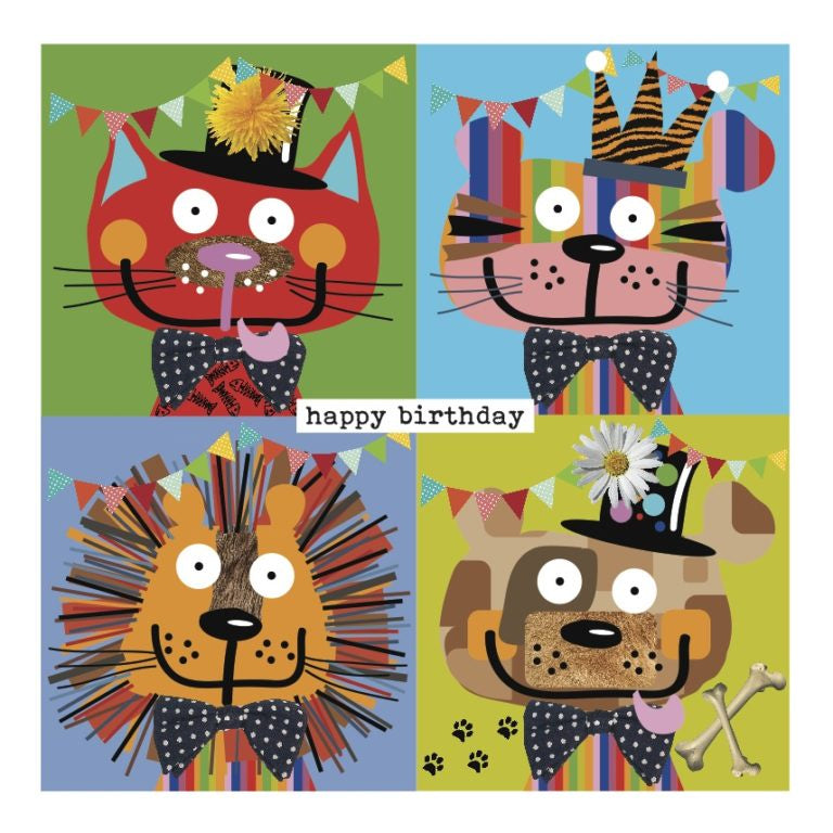Colourful Cats and Dogs Happy Birthday Card