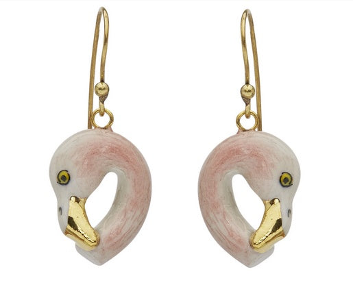 Hand Painted Pastel and Gold Flamingo Head Hook Earrings