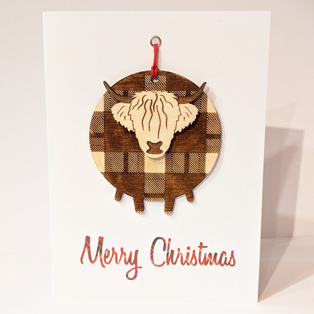 Highland Cow Dark Tartan Bauble Christmas Card