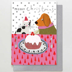 Cat And Dog Merry Christmas Pudding Card