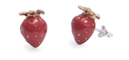 Hand Painted Small Strawberry with Gold Leaves Stud Earrings