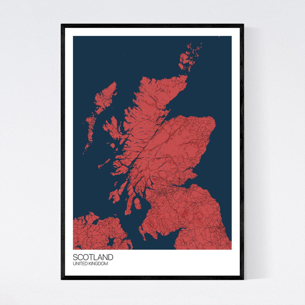 Scotland Red, Blue and Black Map Print in Tube 50x70cm