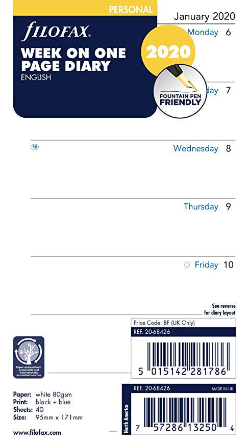 Filofax 2020 Week On One Page Personal Refill