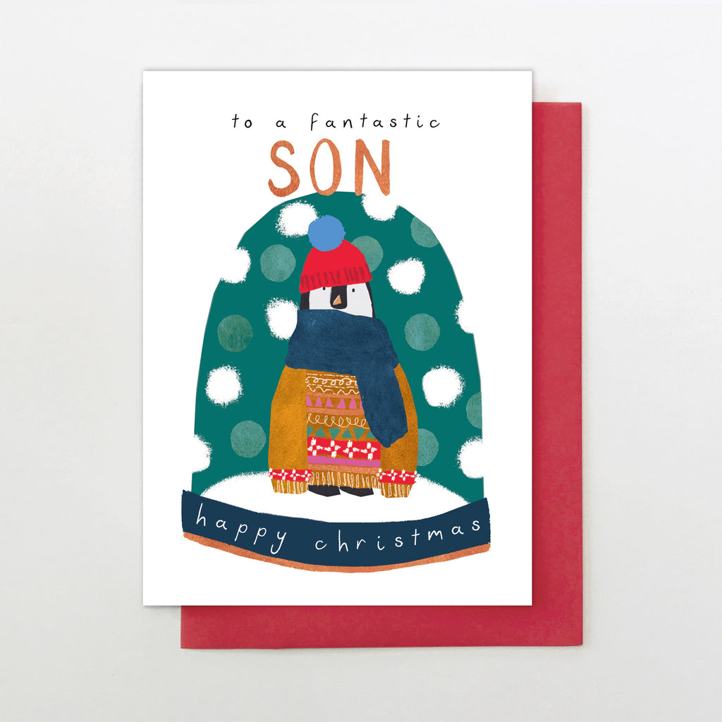 Happy Christmas to a Fantastic Son Penguin Snowglobe Card