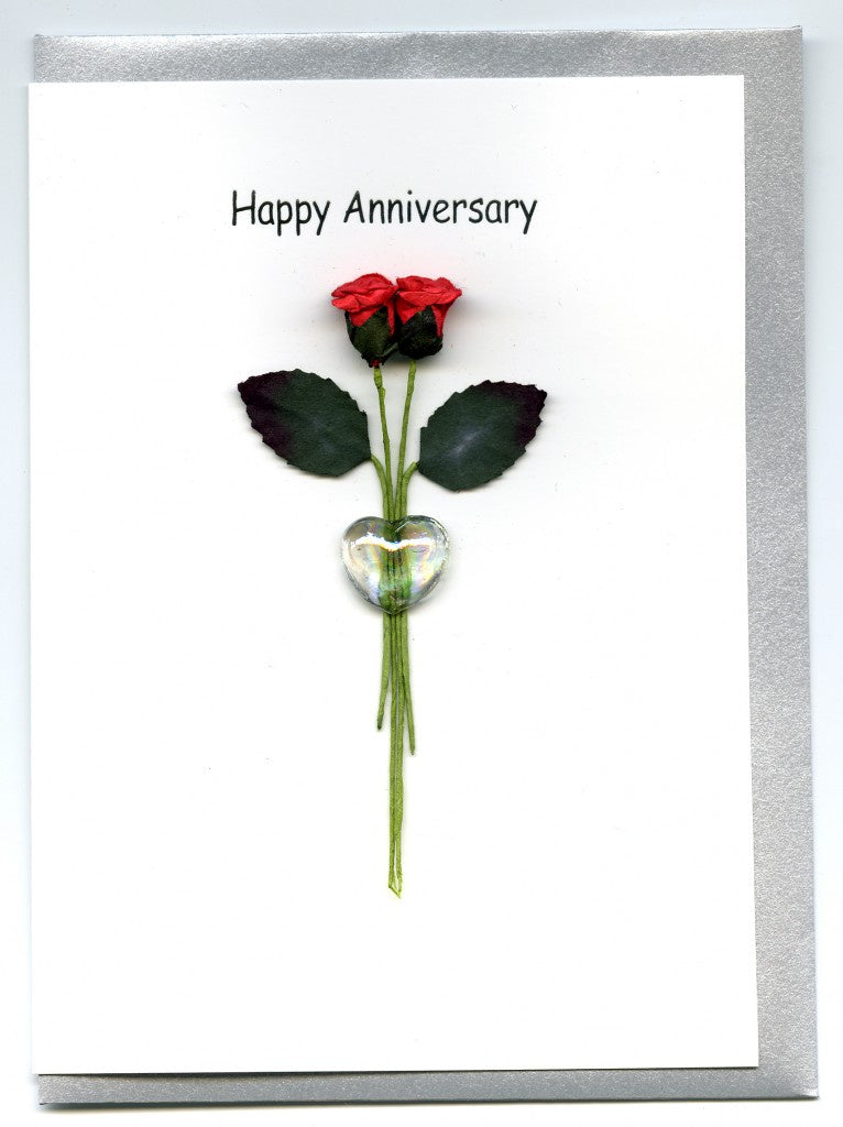 Glass Heart 2 Roses Anniversary Card