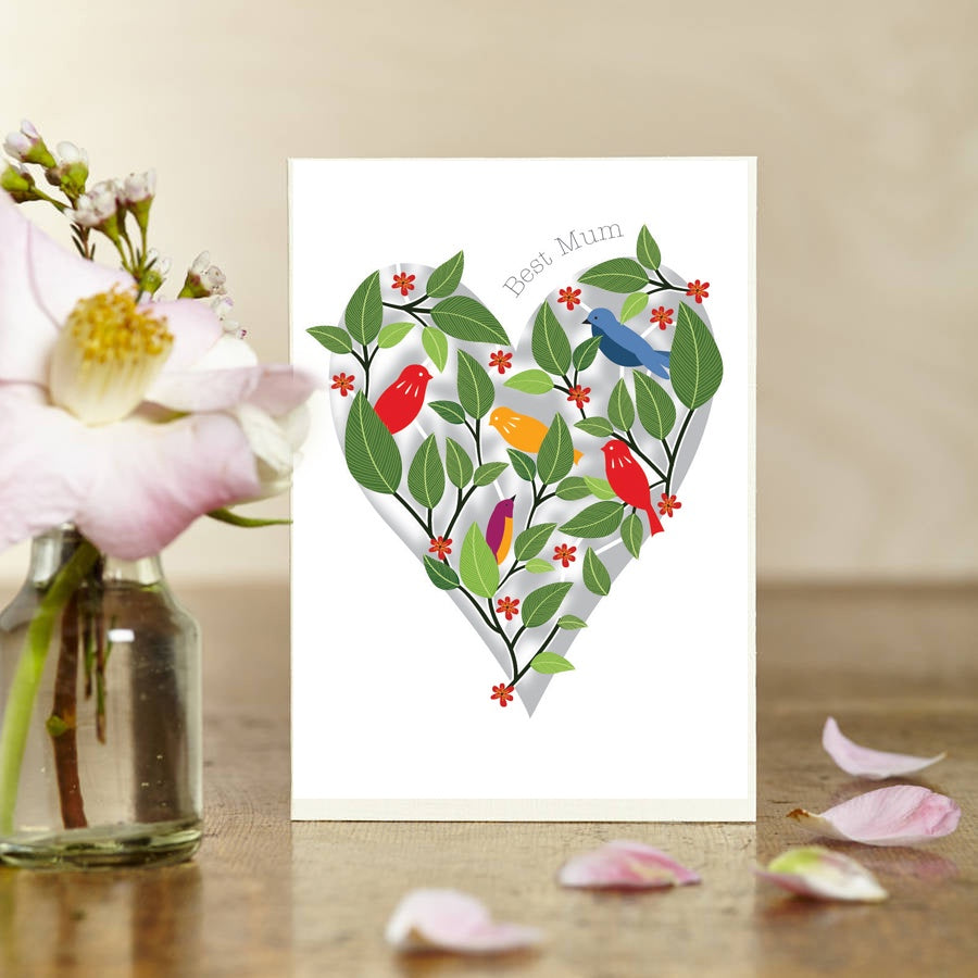 Best Mum Heart with Birds Lasercut Card