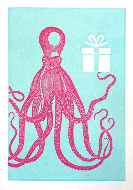 Pink Octopus Holding Gift Mini Birthday Card