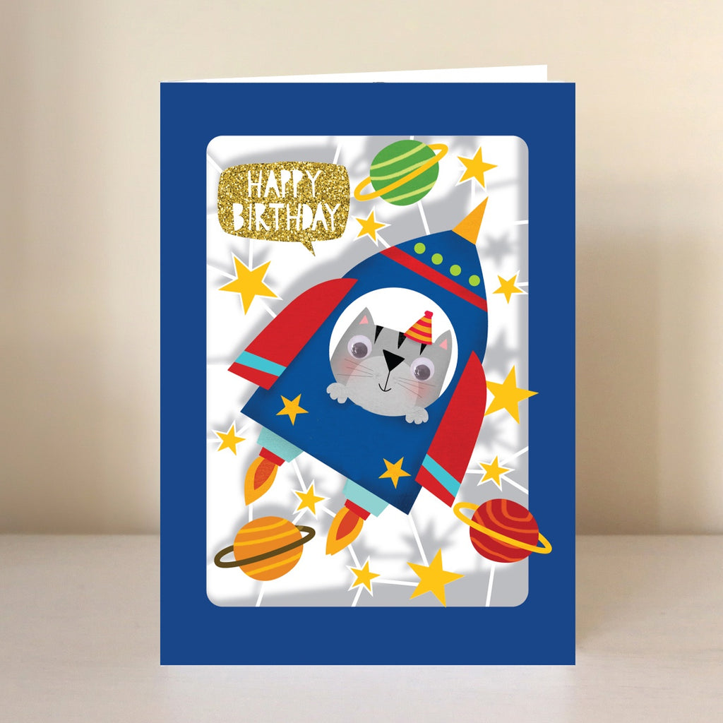Happy Birthday Cat Rocket Lasercut Card