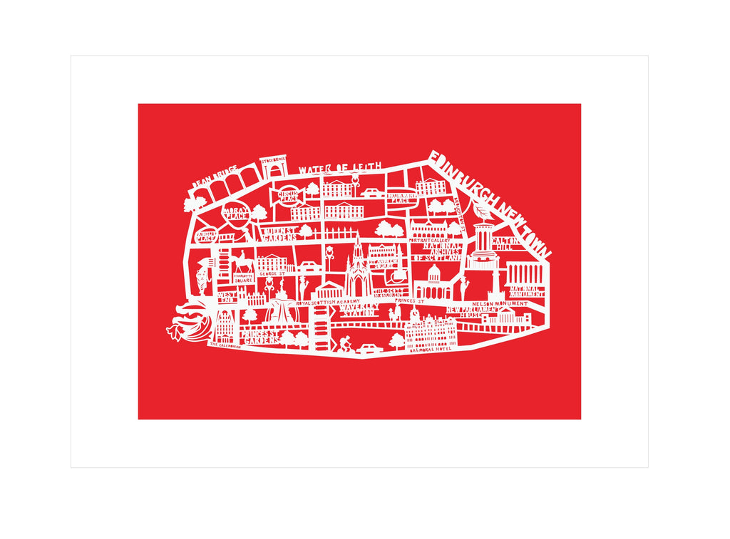 Lasercut A4 Edinburgh New Town Map - White on Red