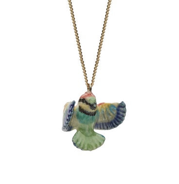 Gold Plated Necklace with Hand Painted Porcelain Tiny Bee Eater Charm