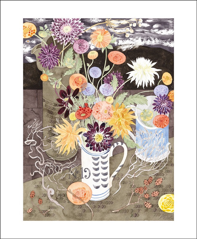 Dahlias with No.19 Jug Lithograph By Angie Lewin Card