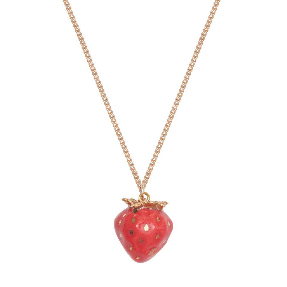 Gold Plated Necklace with Hand Painted Gold Leafed Tiny Strawberry