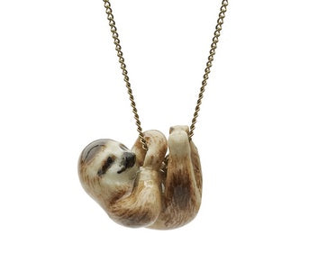 Silver Plated Necklace with Hand Painted Tiny Hanging Sloth Charm