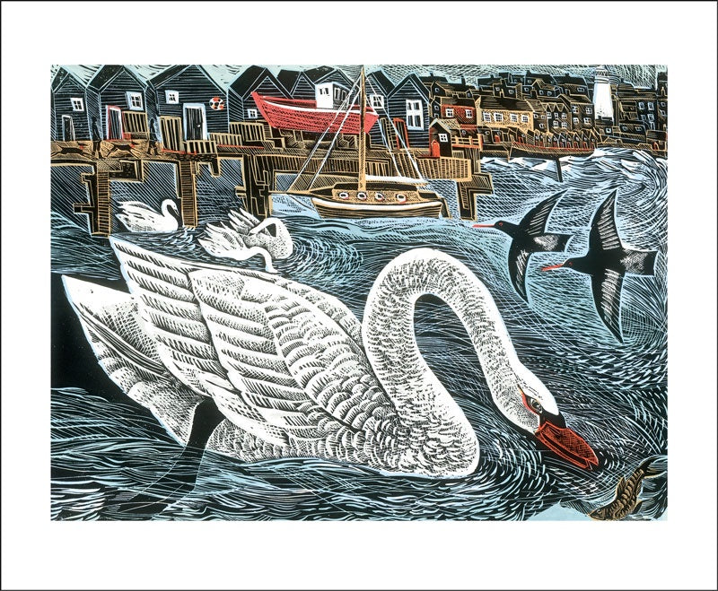 Southwold Swan Linocut By Angela Harding Card