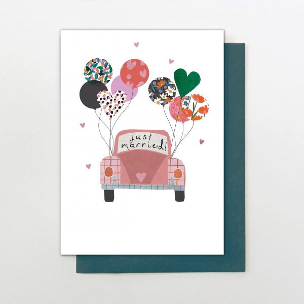 Just Married Car and Balloons Card