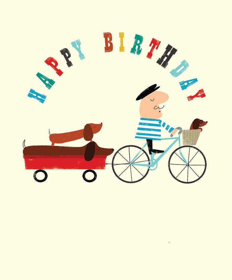 Happy Birthday Sausage Dog and Bike Card