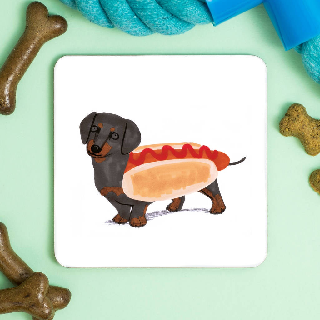 Sausage Dog in Hotdog Costume Coaster