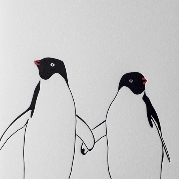 Penguins Holding Wings Letterpress Card