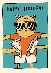 Happy Birthday Pizza Hot Dog Cat Card